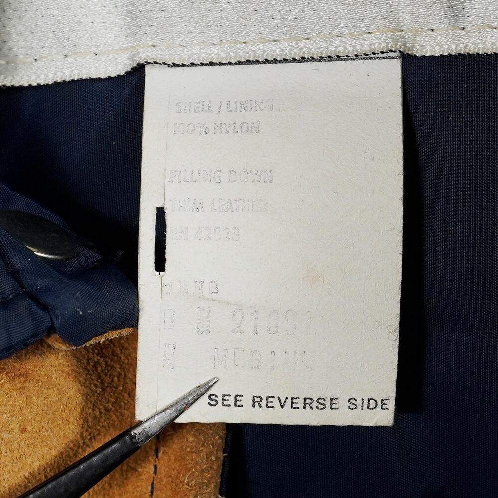 Vintage Woolrich Down Puffer Vest Suede Yoke Navy Brown Men’s Medium - Picture 9 of 11